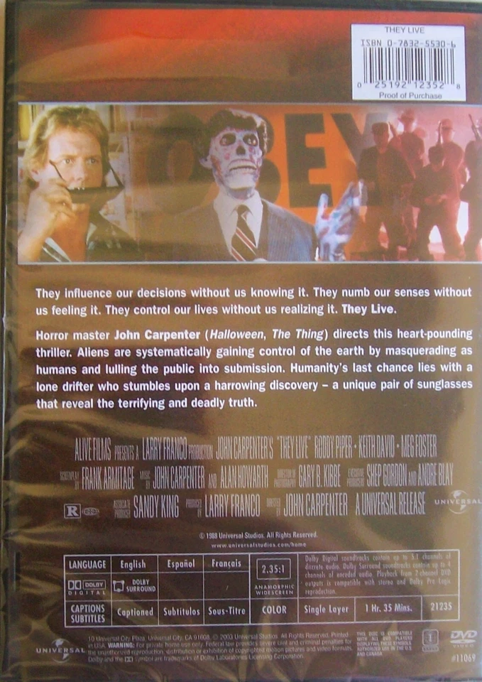 They Live By John Carpenter (DVD, 2003) Roddy Piper, Keith David - Image 2 of 2