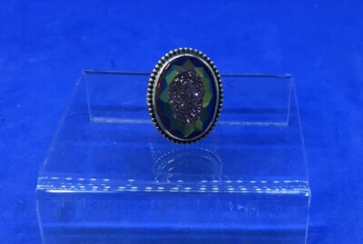 Colleen Lopez Sterling Silver 925 Black Druzy QUARTZ RING Size 8 Adjust