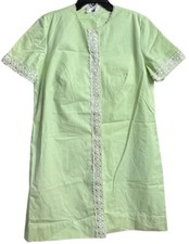 Vtg Feiner Fashions House Dress Robe Small Green White Snap Front Pockets As Is