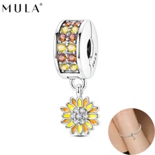 European Sunshine Sunflower Charm Clip CZ 925 Sterling Silver For Women Bracelet