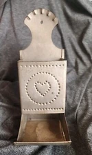 Primitive Colonial Wall Mount Black Punched Tin MATCHBOX HOLDER 8" Antique Style