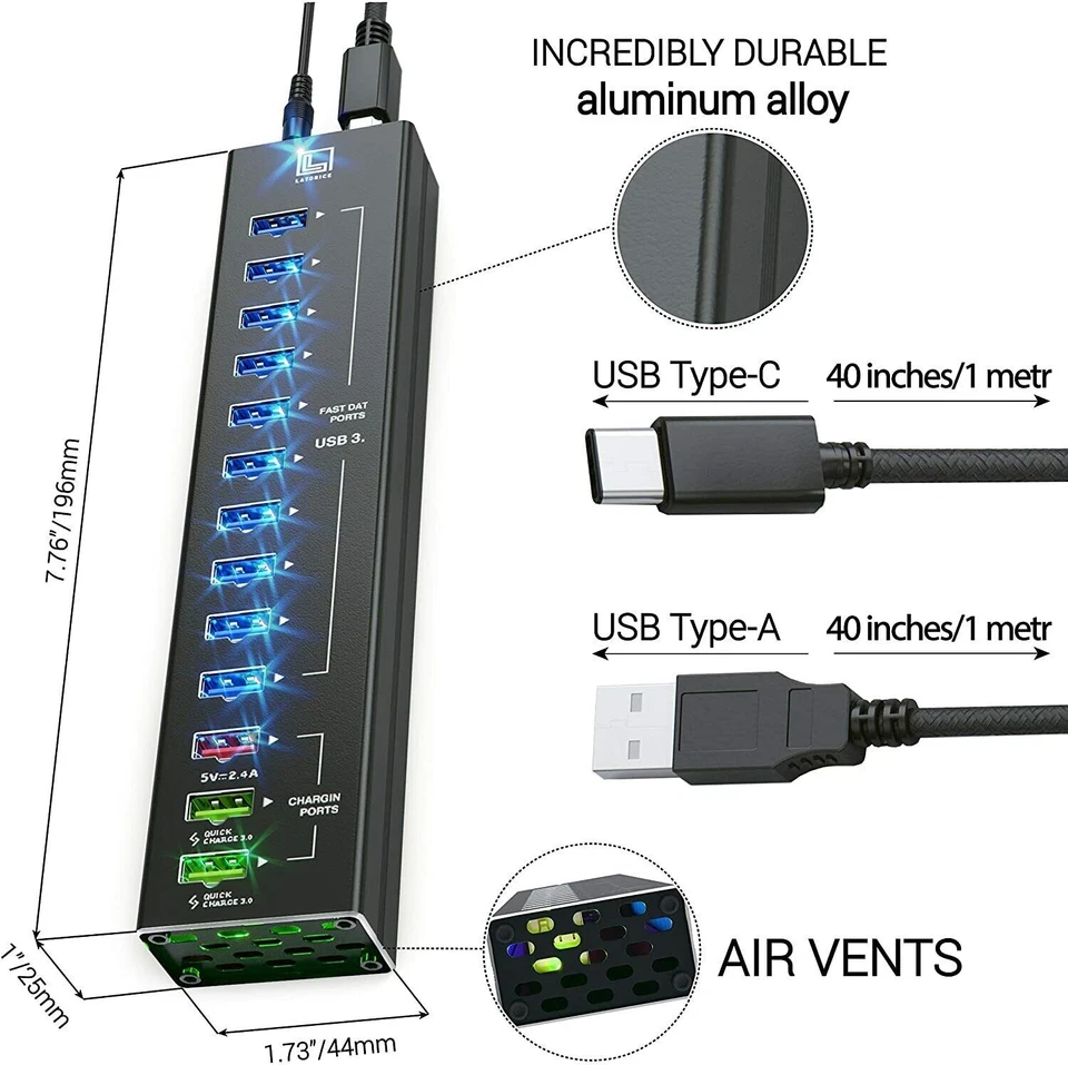 USB Hub Powered, 13 Multi-Port USB Hub with 10 USB 3.0 Ports, 2 IQ Quick Charge  - Image 2 of 4