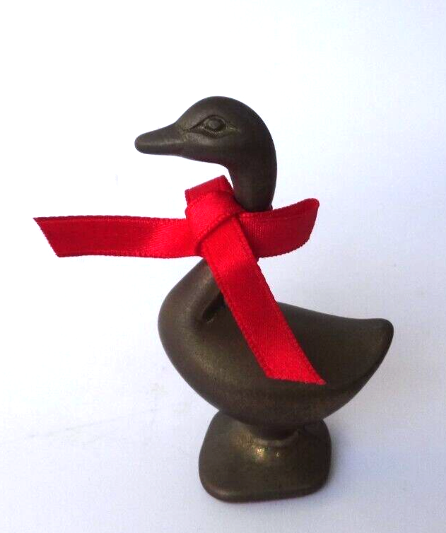 Small Solid Brass Christmas Goose w/ Red Ribbon 2