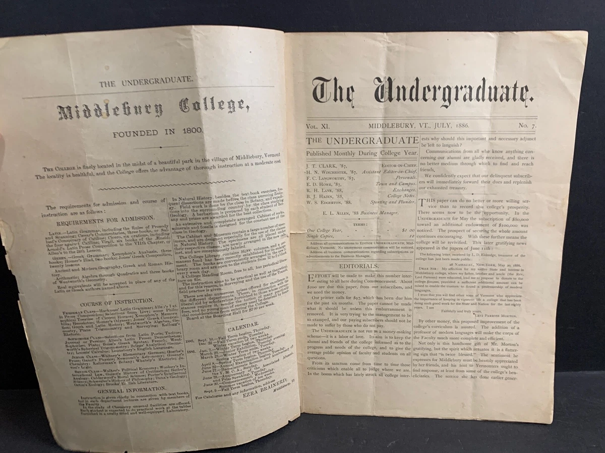 Vintage July 1886 Middlebury College VT, THE UNDERGRADUATE, Commencement  No. | eBay