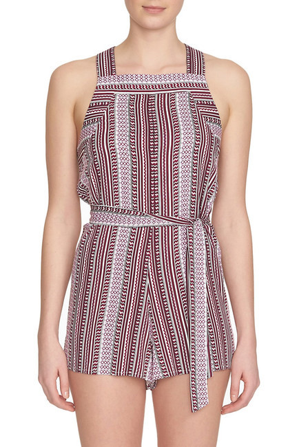 1.State Mixed Print Romper Tie Belt Plum Berry Cute Stripe Stretch Boho Sz S