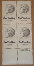 1731 PLATE BLOCK WITH SLOGAN MNH/OG 13¢ CARL SANDBURG