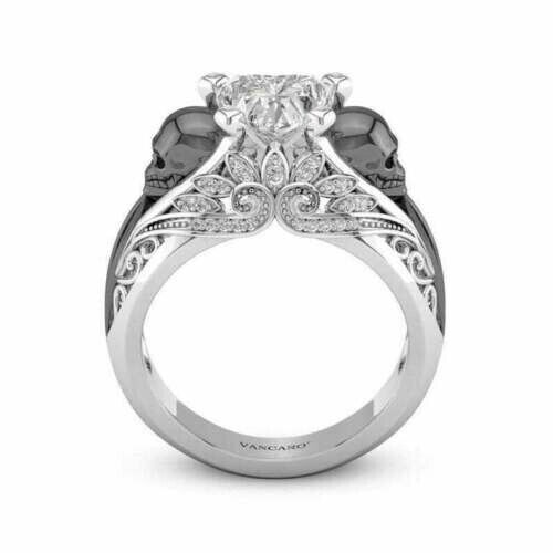 Vintage Double Skull 2CT Heart Lab Created Diamond Wedding Ring In 925 Silver - Photo 2/9