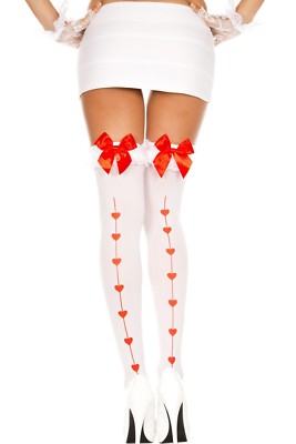 Sexy Valentinsstrümpfe weiß rot Herz Naht Rüschen Spitze + Schleife blickdicht P4733
