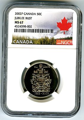 1952 2002 P CANADA 50 CENT HALF DOLLAR JUBILEE BUST NGC MS67