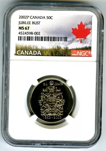 1952 2002 P CANADA 50 CENT HALF DOLLAR JUBILEE BUST NGC MS67 CANADA LABEL RARE !