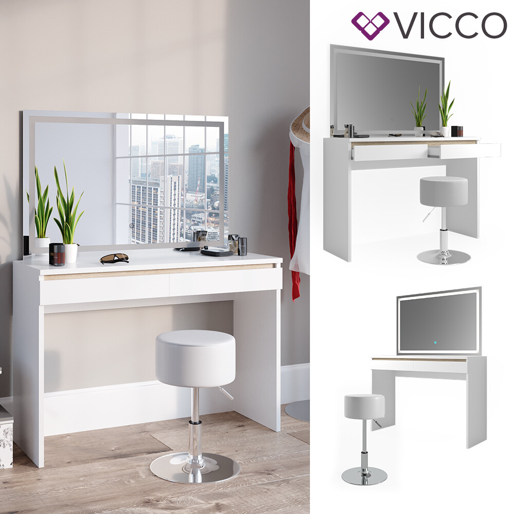 Schminktisch Frisiertisch Frisierkommode Emma Weiß/SON LED-Spiegel Hocker Vicco