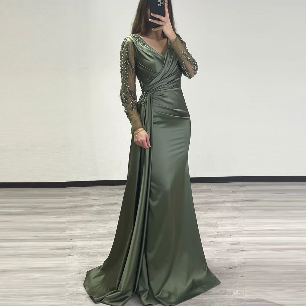 Elegant Long Sleeve Mermaid Evening Dress with Saudi Beading for Prom Party