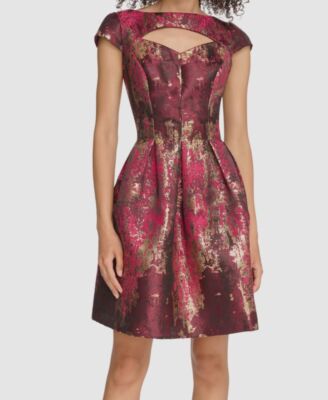 Vince Camuto Women Red Cutout Fit Flare Metallic Jacquard Dress Petite Sz  4P