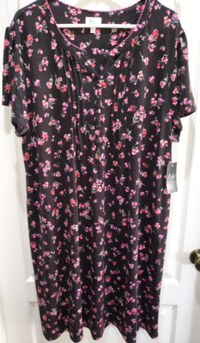 womens PLUS size 3X BLACK NIGHTGOWN SLEEPWEAR pink flowers short sleeve 22/24W
