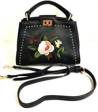 Mellow World PETA Approved Embroidered Crossbody Vegan Purse Black Floral "EUC"