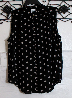 Elle Women's Top Size L Sleeveless Black Polka Dot Round Neck