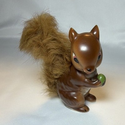 Ceramic and Faux Fur Squirrel Figurine Collectible Animal Decor with Fur Tail
