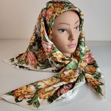 Vtg. Three Eagles Chinese Silk Scarf Floral, Tulips Rolled Edges 32 Square EUC