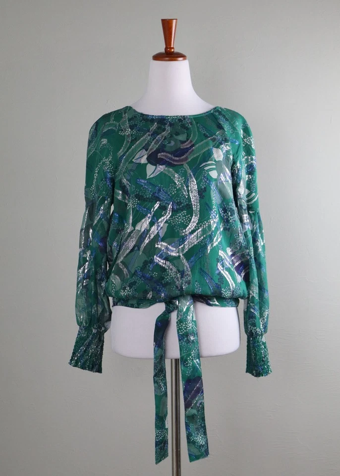 Blusa Top BA&SH $270 Julio Verde Metálico Mezcla Seda Atado Talla Pequeña EE. UU. 6 Foto 2 de 4