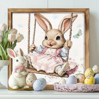 Vintage Easter Wooden Plaque Whimsical Swing Bunny Art Home Wall Accent Decor
