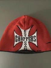Vintage West Coast Choppers Jesse James Iron Cross Beanie Skull Hat RED