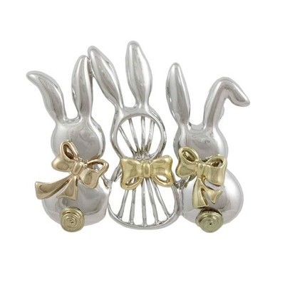 3 Silver Bunnies with Gold Bows Brooch Pin - FAP024