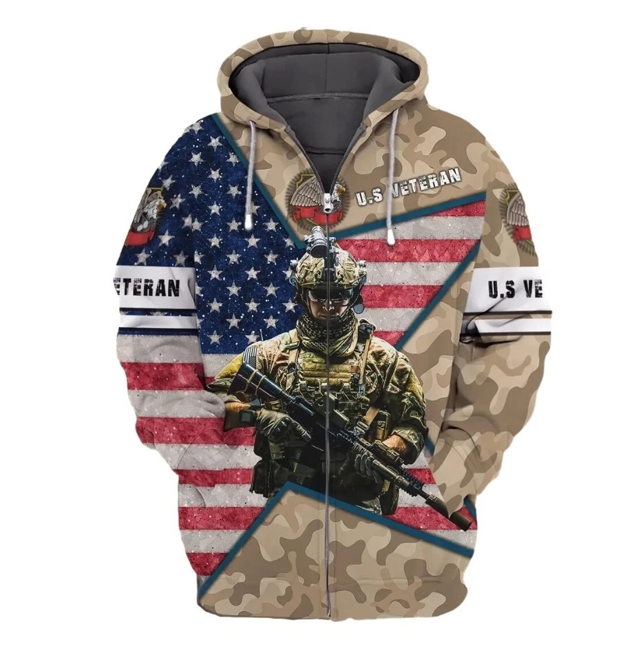 Camo Eagles Jackets For Men Veteran Zip-Up Hooded Sweatshirt Veteran Pullover Ho