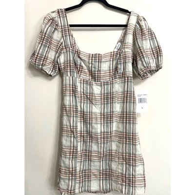 Plaid Dress Womens Eyeshadow Cotton Cream Brown Square Neck Baby Doll Dress SZ L