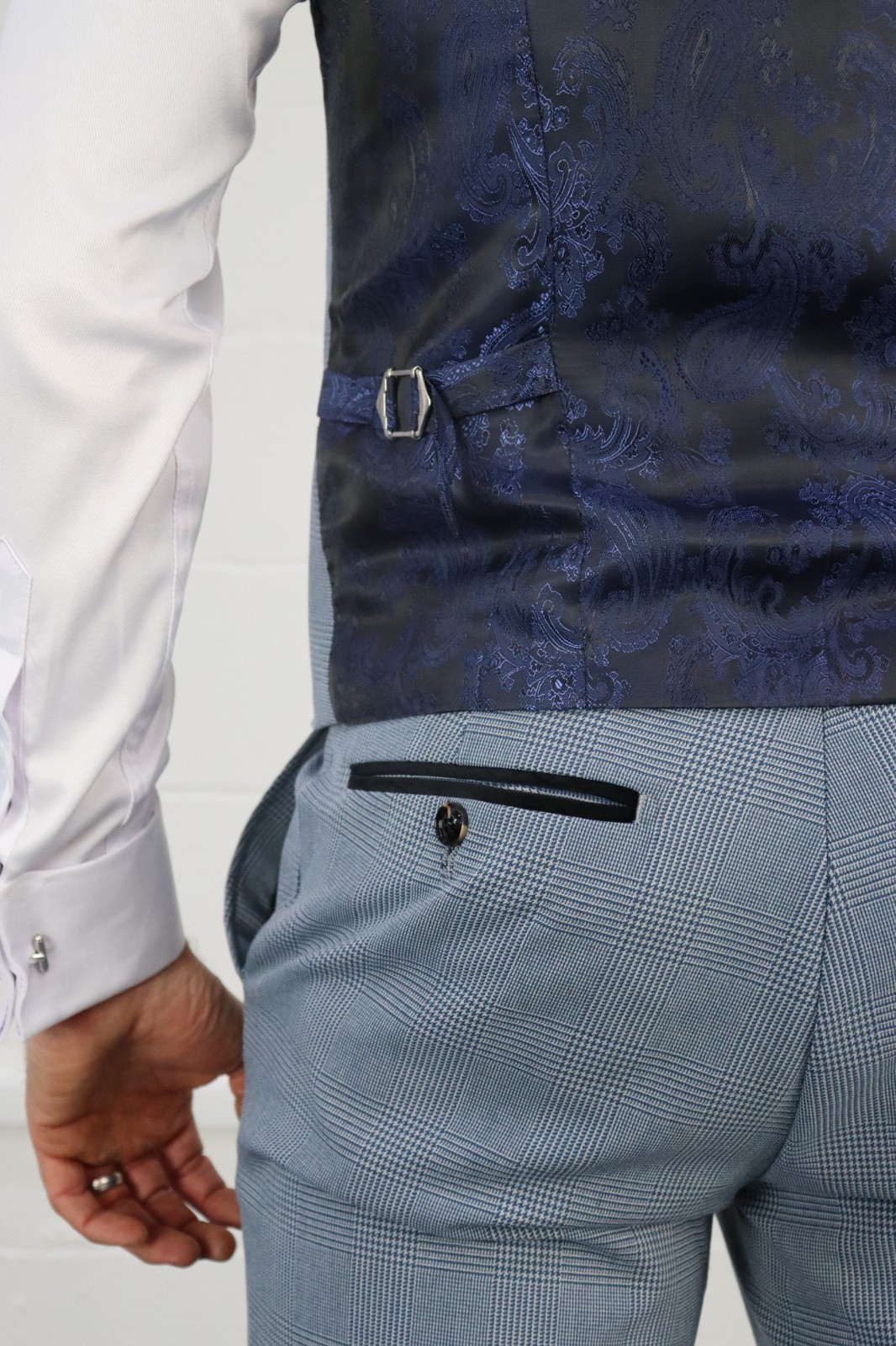 Mens Suit Sky Light Blue Check Three 3 Piece Wedding Groom Races STRETCH FIT 3PC