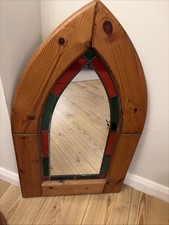 Wooden Pine Arch Cathedral Window Mirror Gothic Wall Stained Glass Lead 80cm