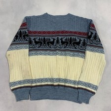 Vintage Abstract Knitted Jumper Deer Patterned Grandad Knit Sweater Men's M