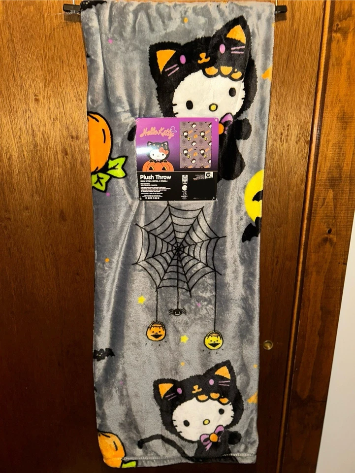 Manta de felpa de Halloween Hello Kitty 50 pulgadas x 70 pulgadas tela de araña gato negro ¡NUEVA CON ETIQUETAS! Foto 4 de 4