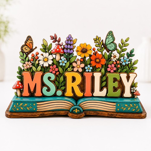 Personalized Teacher Name Wood Block, Custom Wildflower Classroom Desk Sign