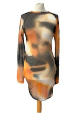Prettylittlething Orange Mix Mesh Bodycon Dress Size 10 Long Sleeve Short NEW