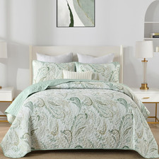 Boho Quilt Set King,Sage Green Paisley Floral Pattern Bedspread Coverlet Set wit