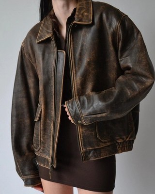 Womens Vintage Oversized Baggy Brown Distressed Leather Bomber Jacket Zip Up