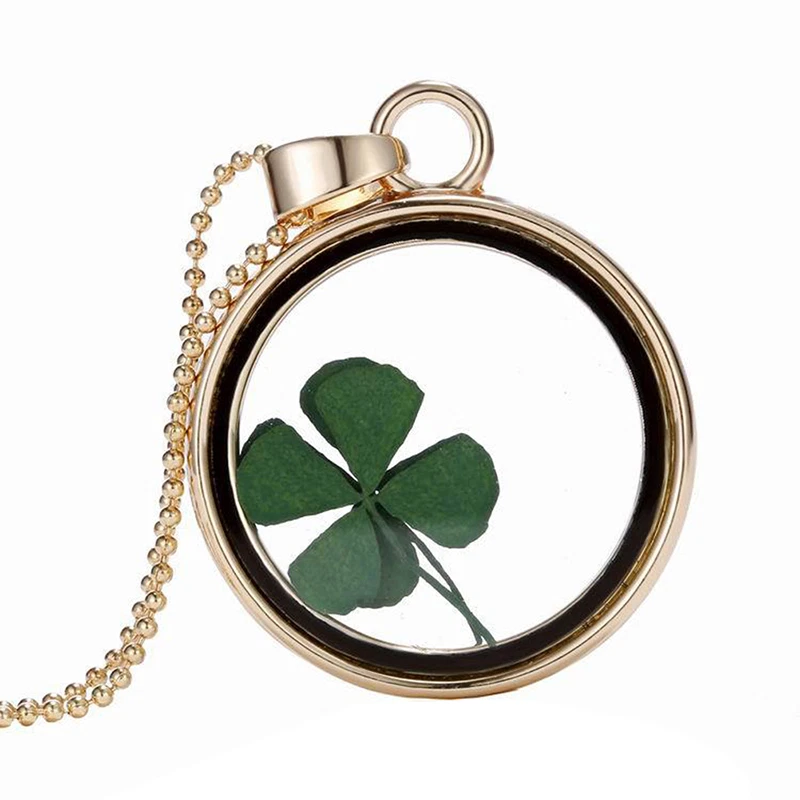 Sweet Real Dried Clover Flower Clear Resin Locket Pendant Necklace