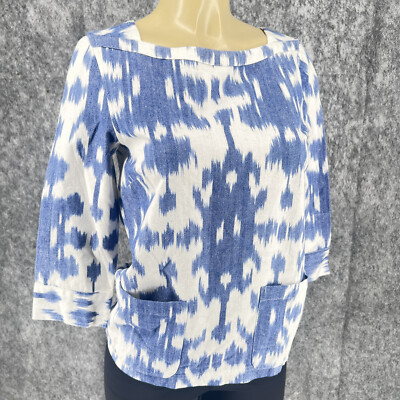 Vineyard Venis Boat Neck Relaxed Fit Women Front Pockets Ikat Top Blue White XXS