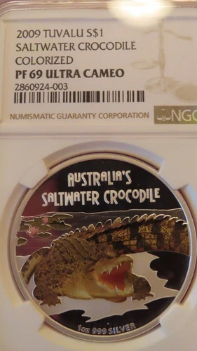 2009 TUVALU AUSTRALIA SALT WATER CROCODILE 1 OZ SILVER   COIN NGC PR69