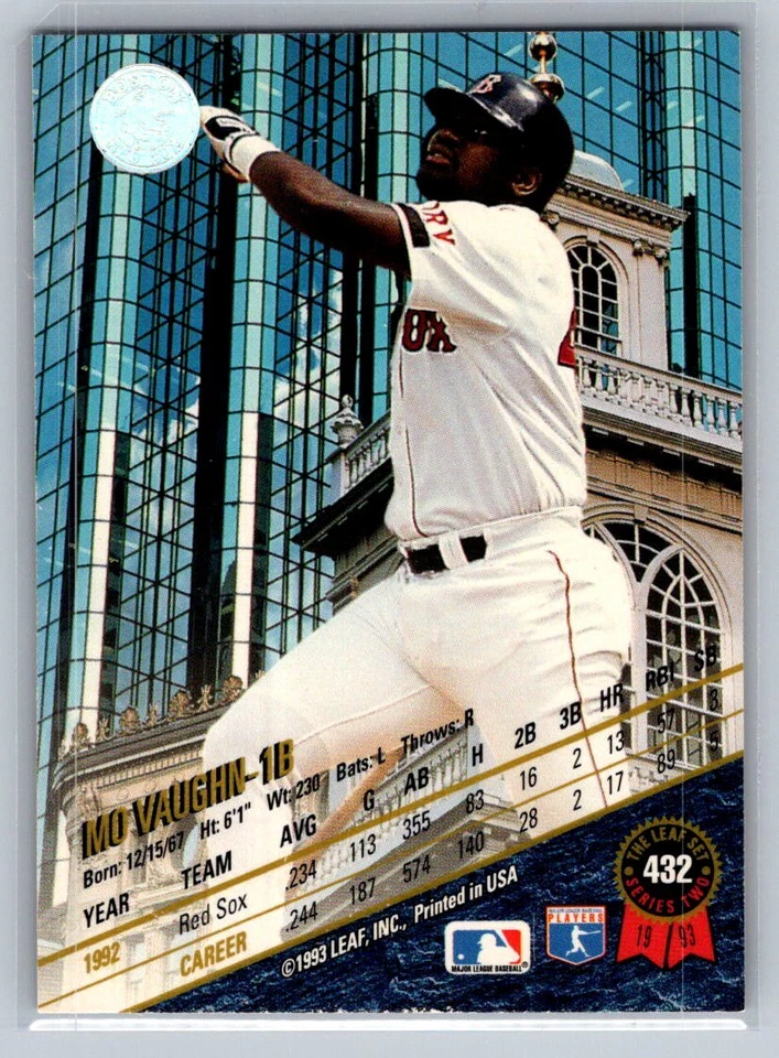 💎1993 Leaf Baseball #432 Mo Vaughn - Boston Red Sox💎 - Image 2 of 2