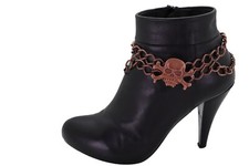 Women Bronze Color Metal Western Boot Chain Bracelet Anklet Skeleton Skull Charm