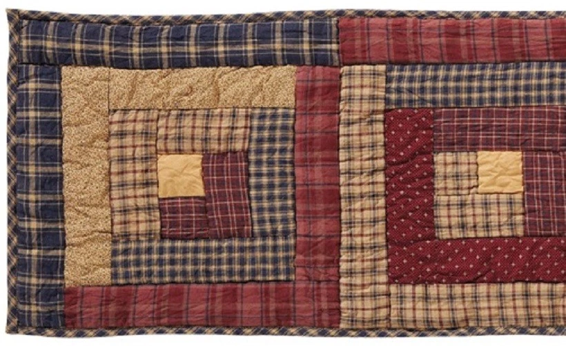 48" Hand Quilted Table Runner Log Cabin Patchwork Red Tan Navy Blue Millsboro - Image 4 of 4