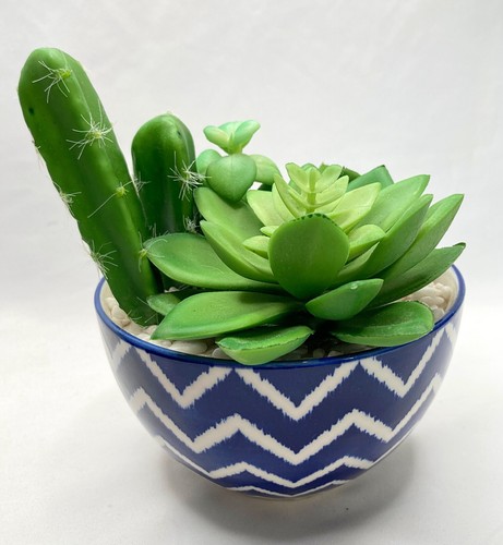 Modern Ceramic Blue & White Geometric Design Bowl/Planter Faux Succulent Plants - Picture 4 of 12
