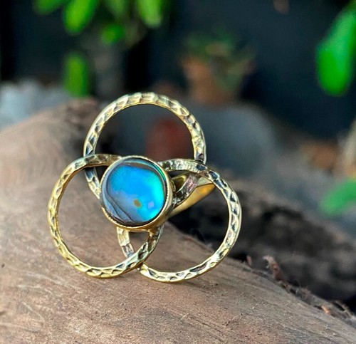 Sea Shell Ring Shiva Eye Brass Abalone Hammered Round Ocean Women Exotic Tribal - Picture 10 of 34