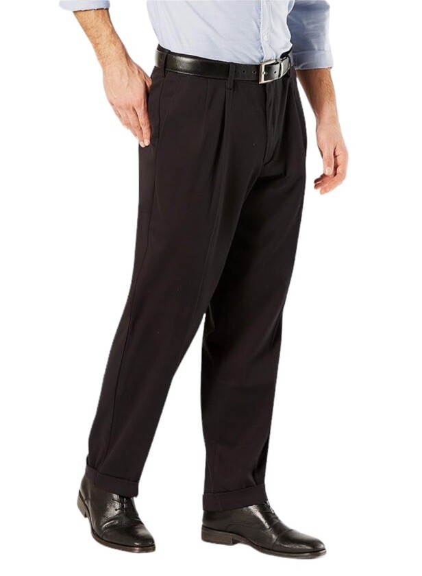 DOCKERS 42x32 Khaki Relaxed Fit Black Comfort Waistband Shirt Gripper