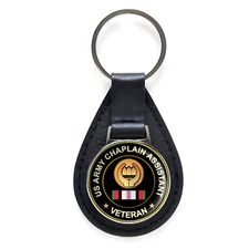 US Army Chaplain Assistant Veteran Black Leather Keychain Silver Keyring