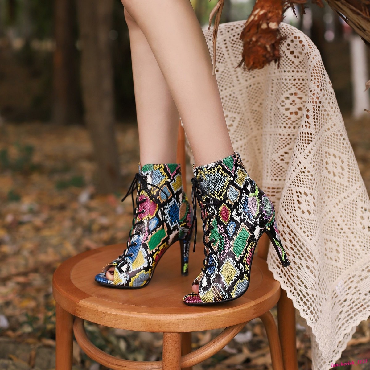 Snakeskin Women's Open Toe Sandals Stiletto Heel Shoes Lace