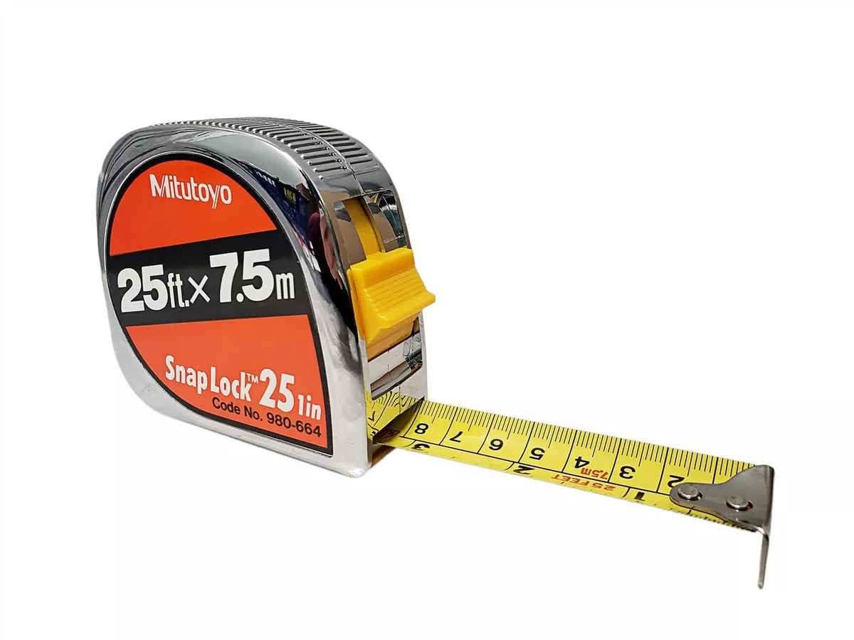 Mitutoyo 25 Ft. / 7.5m Tape Measure (in/mm) w/ Snap Lock & Belt Clip - Metal