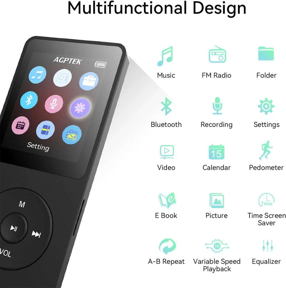 MP3 player AGPTEK A02 com Bluetooth 5.3, tela de 1.8 polegadas reprodutor de música portátil - Imagem 4 de 4