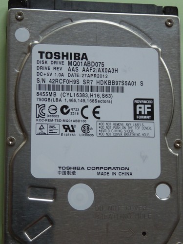 Toshiba MQ01ABD075 AAS AAF2 /AX0A3H | 27 APR 2012 | PCB: G003138A | 750GB